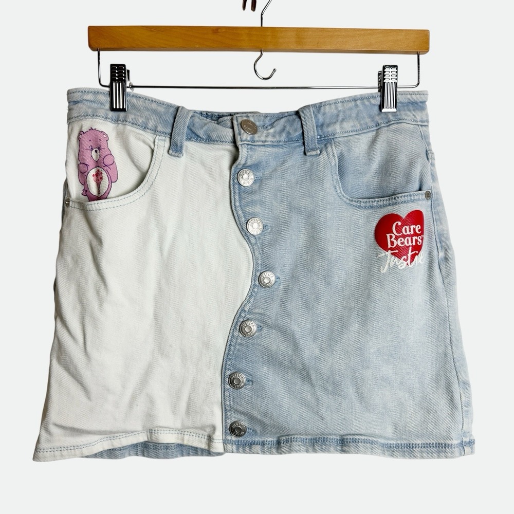 Justice Girls Care Bears Color Block White Blue Denim Skirt Shorts Skort 16 Teen